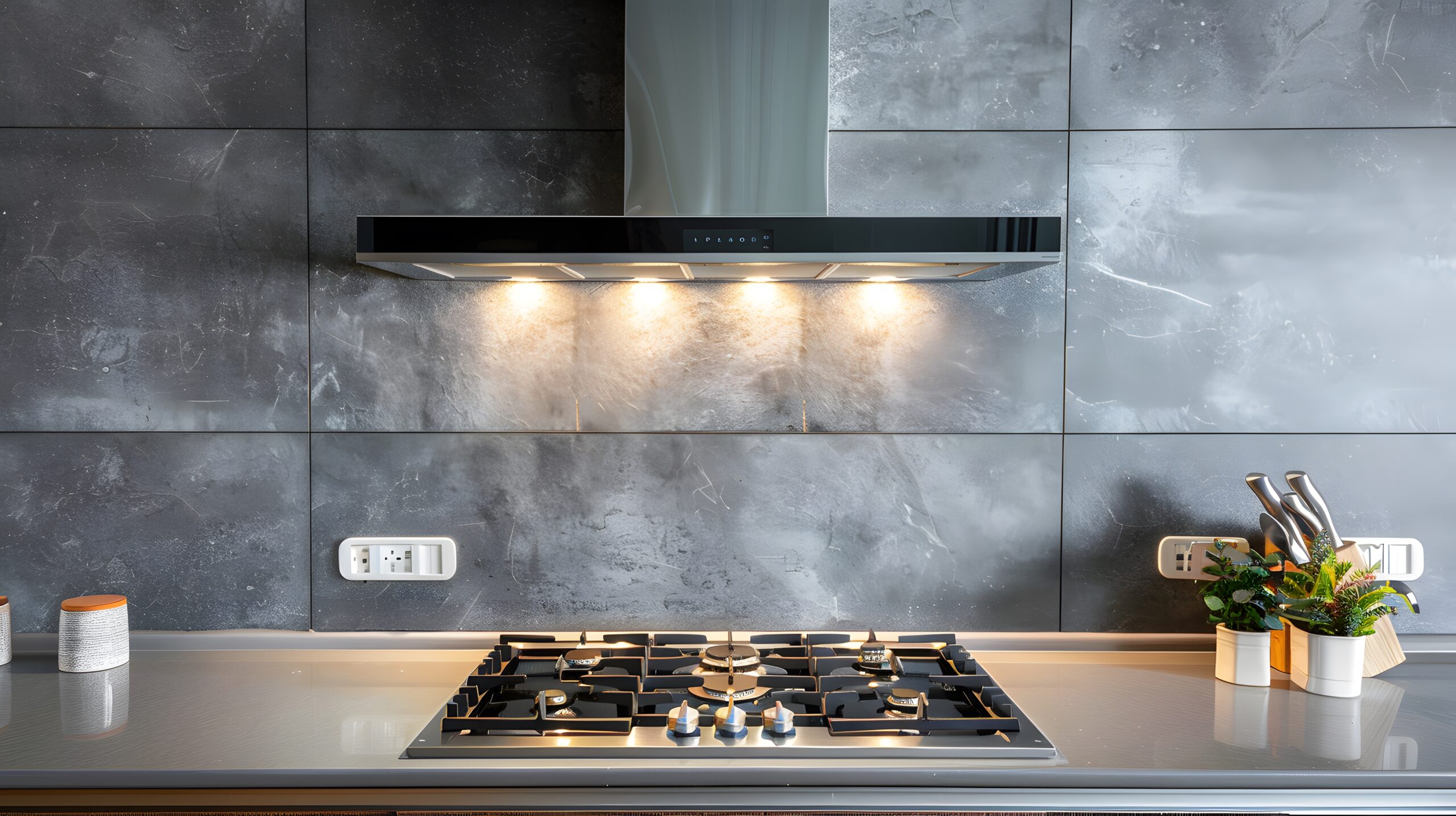 New glass cooker hood on gas stove and gray tile wall in modern minimalist style kitchen